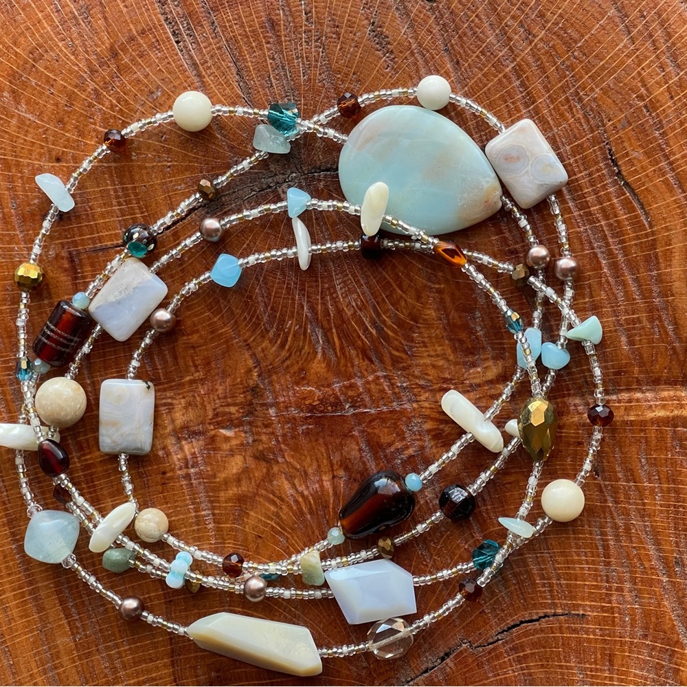 Gemstones 💜 Amazonite, Mother of Pearl, Ivory & Glass Necklace- Hangs 26.5”